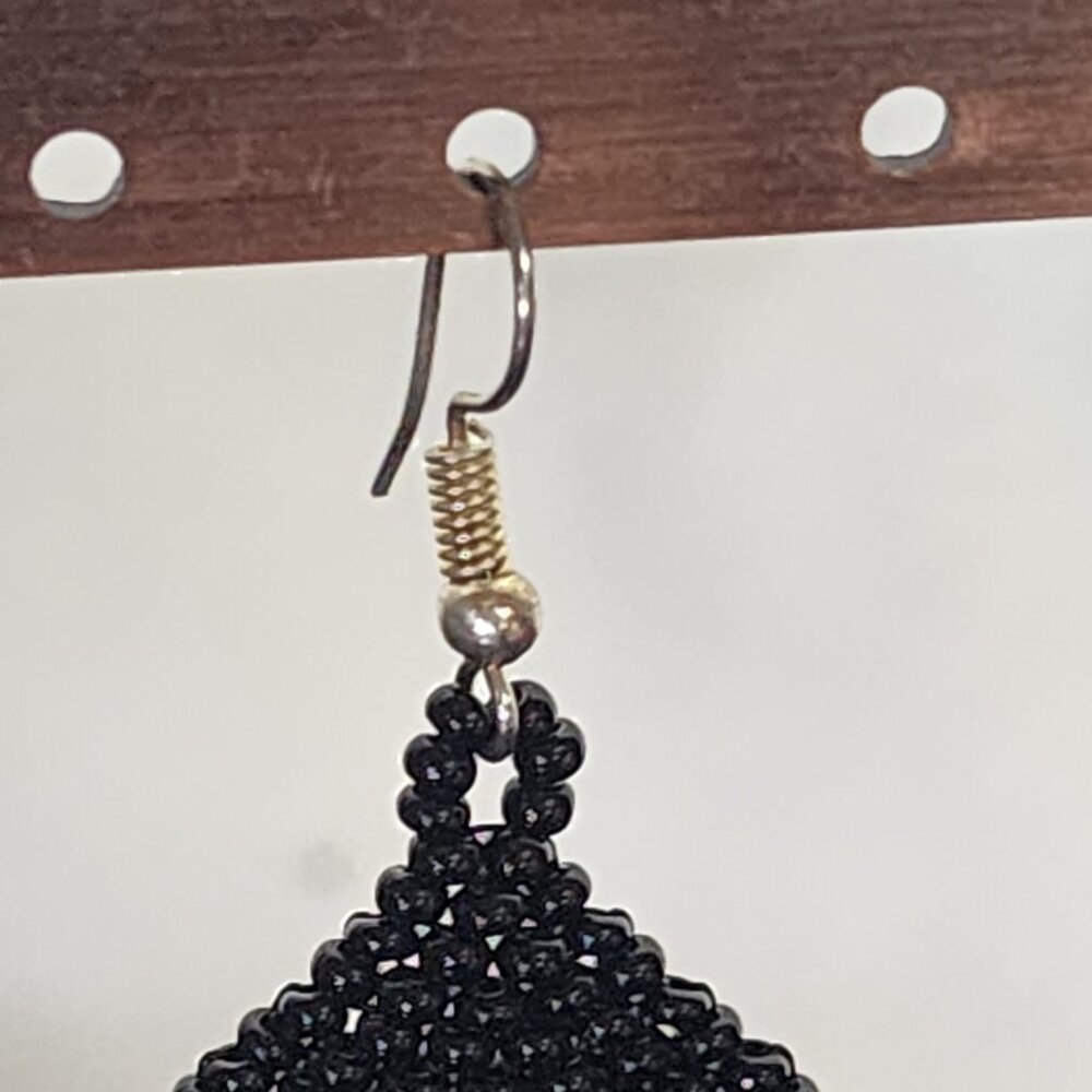 Coal Black Handmade Beaded Chandelier Shepard's Hook Earrings for Pierced Ears - Picture 5 of 16